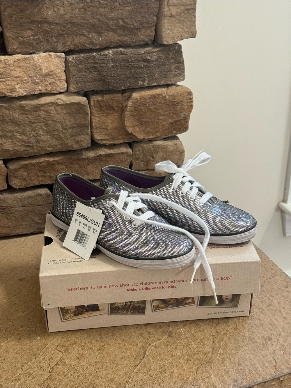 Skechers Bobs Iridescent Silver Glitter Low-Top Lace-Up Sneakers 3
